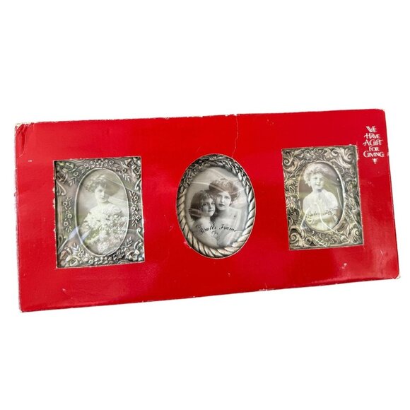 Vintage Pewter Ornate Silver Picture Frame Set With Oval Windows - Picture 3 of 10